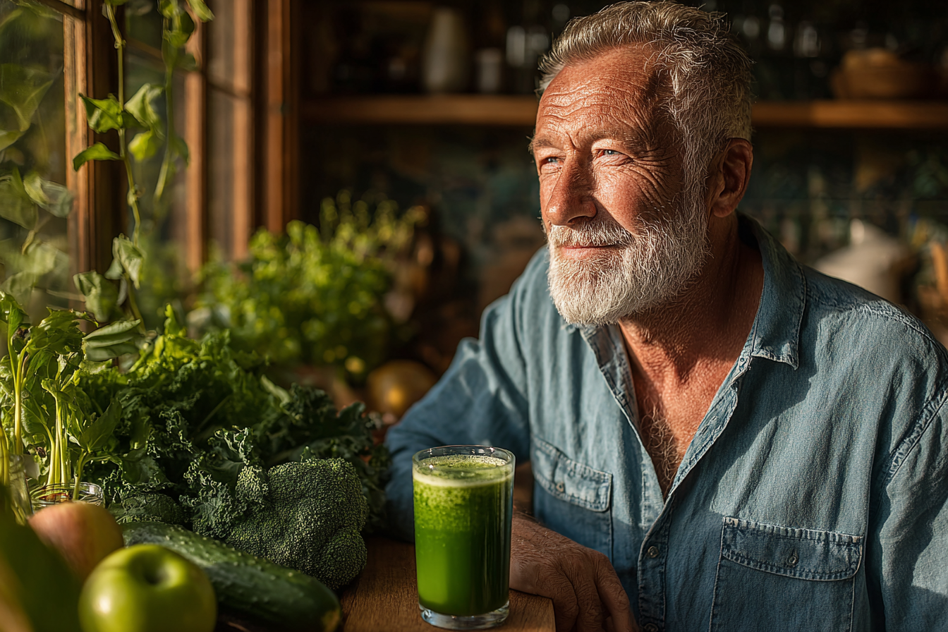 Здорова жінка середнього віку з сяючою шкірою тримає овочі